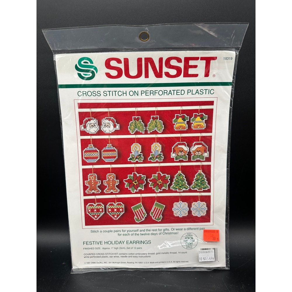 Vintage Sunset Cross Stitch Kit Holiday Earrings Santa Mistletoe Bell Poinsettia
